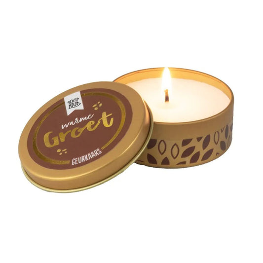 geurkaars in gouden blikje met de tekst warme groet