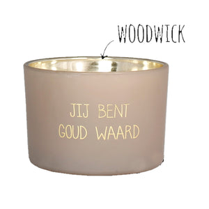 Geurkaars Jij Bent Goud Waard met mat glas, gouden letters en metallic gouden binnenkant