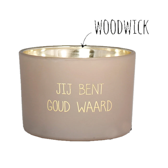 Geurkaars Jij Bent Goud Waard met mat glas, gouden letters en metallic gouden binnenkant