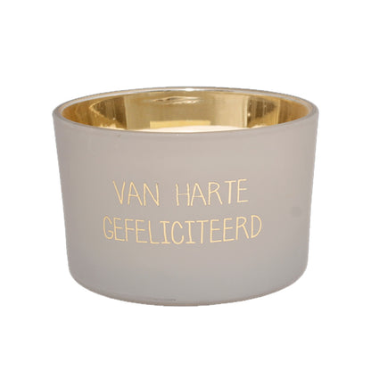 Geurkaars Van Harte Gefeliciteerd met mat glas, gouden letters en metallic gouden binnenkant