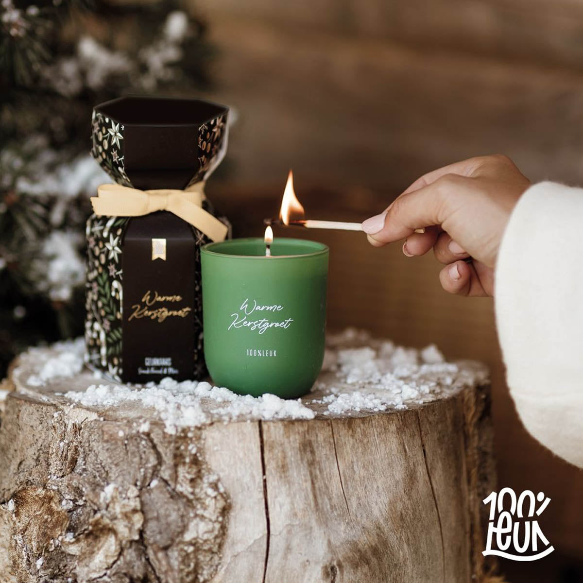geurkaars van 100%LEUK met de tekst warme kerstgroet