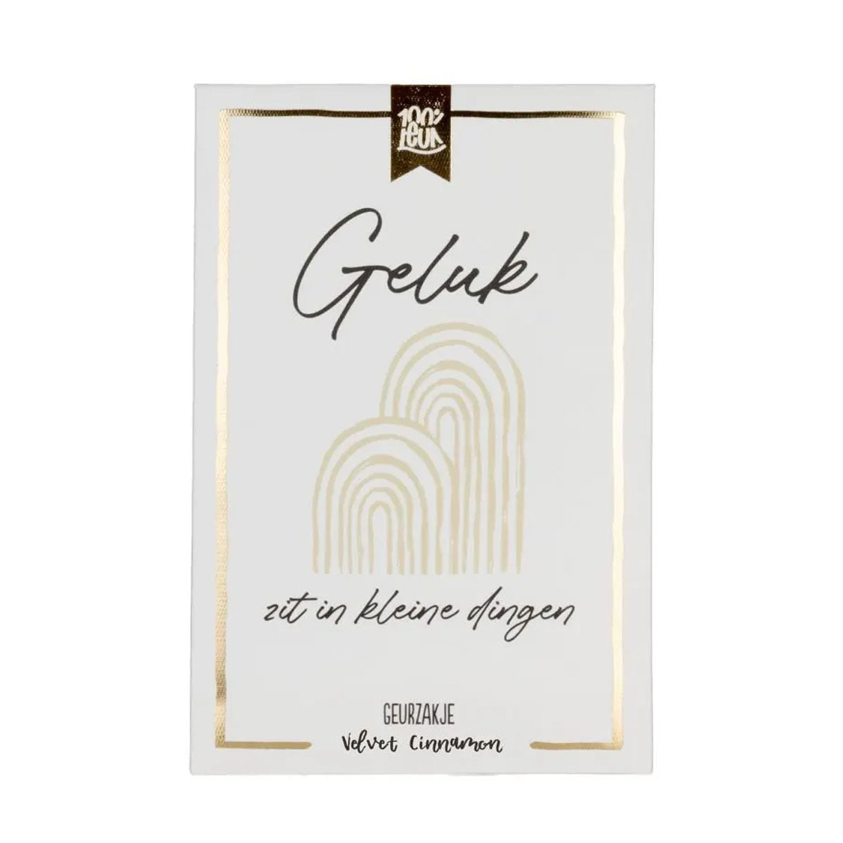 wit geurzakje met gouden details en met de tekst geluk zit in kleine dingen