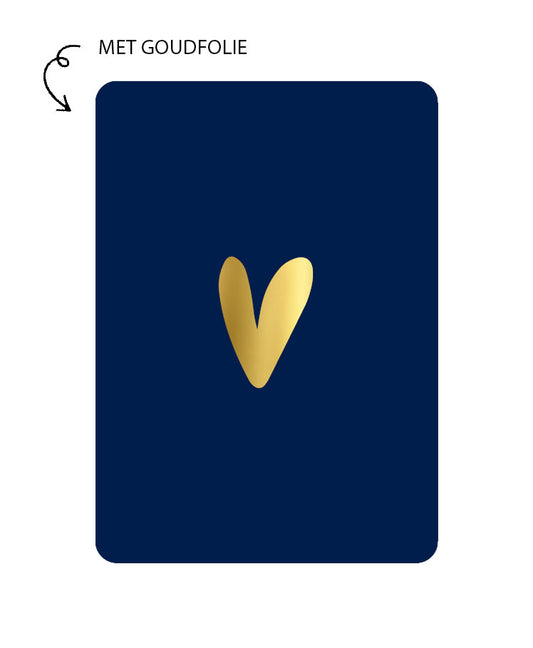 donkerblauwe kaart met daarop een gouden hartje in goudfolie