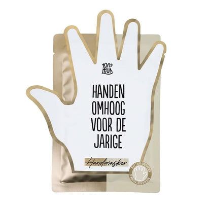 Handmasker handen omhoog voor de jarige feestelijke verpakking brievenbuscadeautje