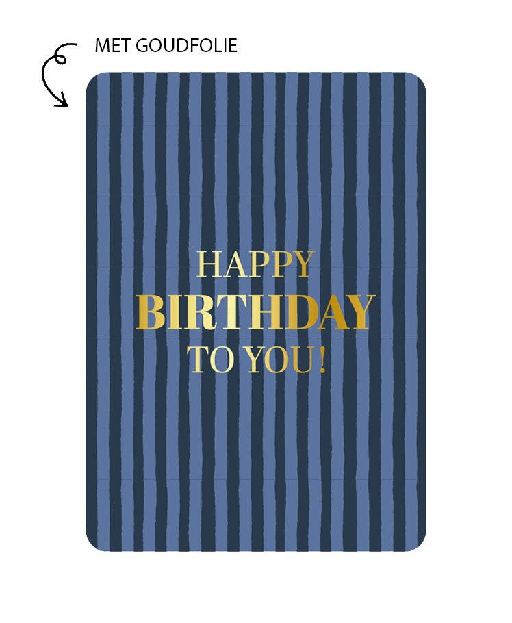 Blauwe verjaardagskaart met verticale strepen en gouden tekst Happy Birthday To You, A6-formaat met afgeronde hoeken.