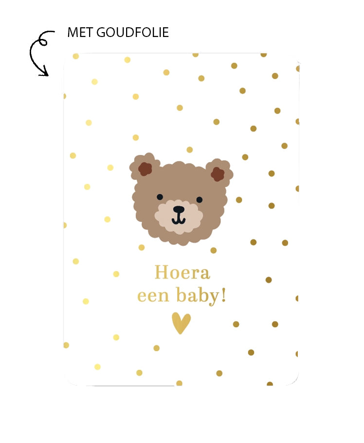 kaart met goudfolie met de tekst hoera een baby