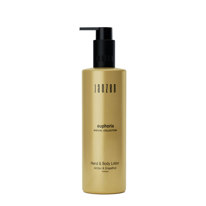Fles Janzen Body Lotion Euphoria – luxe hydraterende bodylotion met amber en grapefruit, in gouden flesje van 250 ml