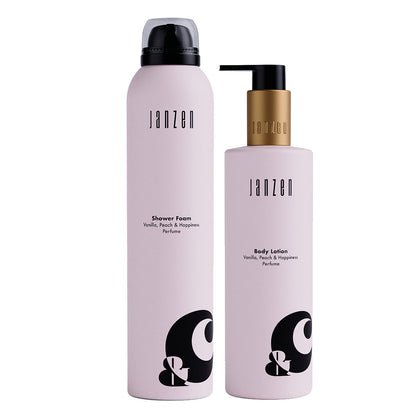 janzen shower foam en body lotion in de geur vanilla, peach & happiness in de kleur roze