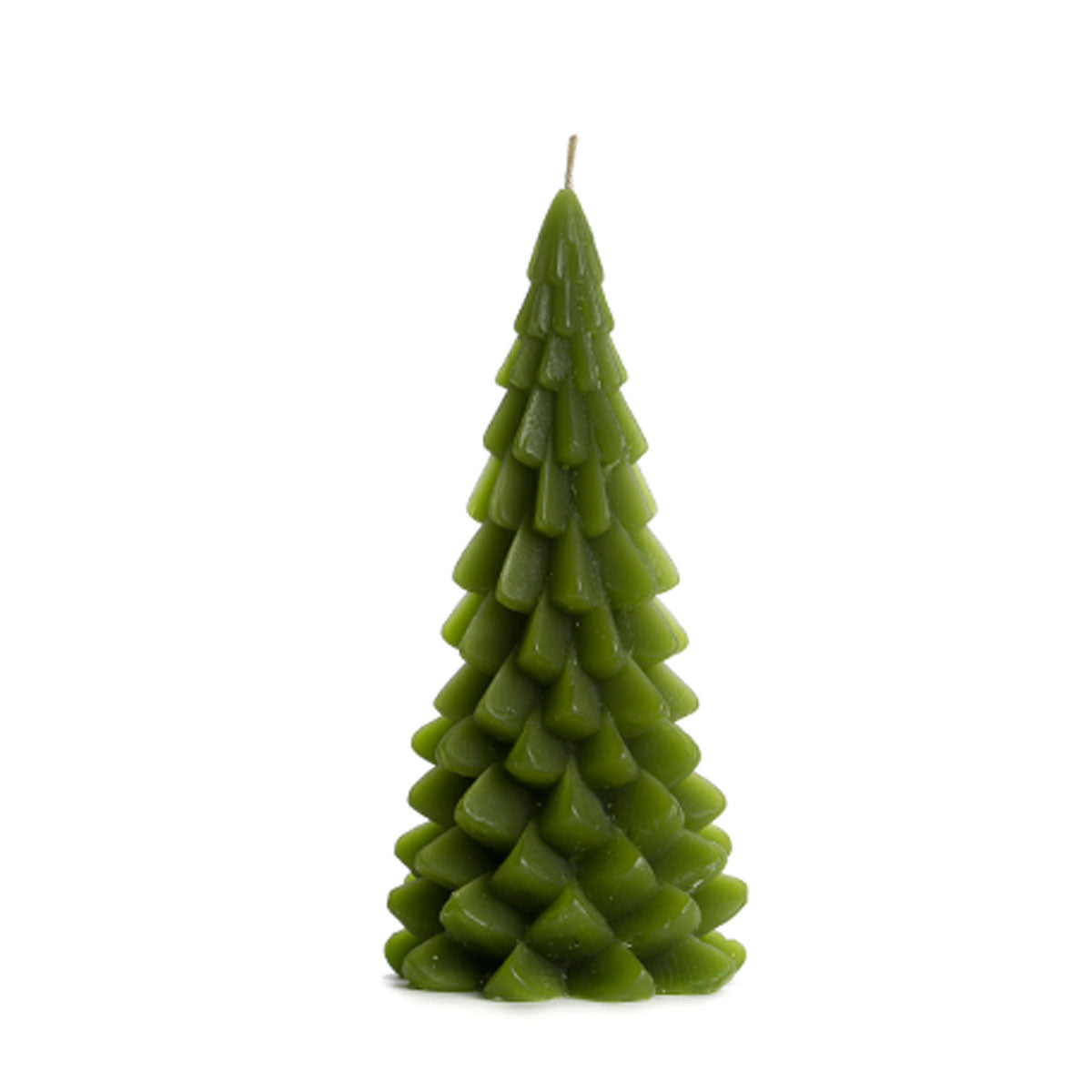 Grote groene kerstboomkaars in de kleur Leaf Green, 10 x 20 cm, met gedetailleerde kerstboomtakken.