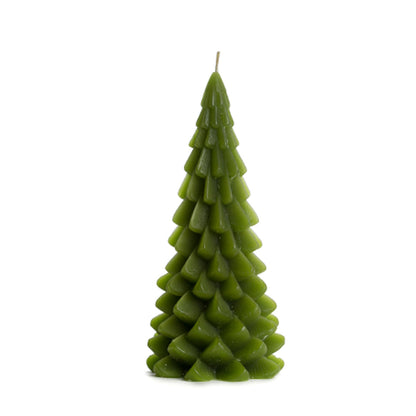 Grote groene kerstboomkaars in de kleur Leaf Green, 10 x 20 cm, met gedetailleerde kerstboomtakken.
