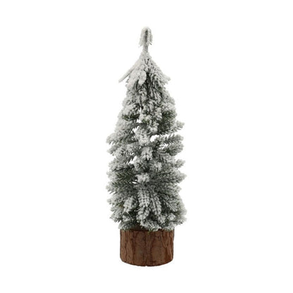 Nep kerstboom van 25 cm met sneeuw op de takken en een houten voetje als kerstdecoratie