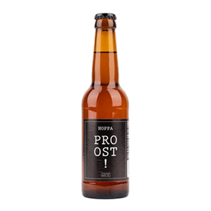 klein flesje bier met de tekst proost