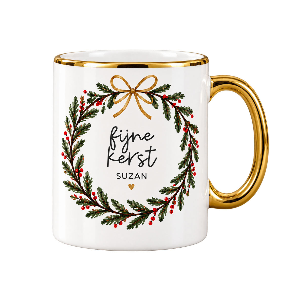 Witte kerstmok 330 ml met kerstkrans, gouden rand en eigen naam