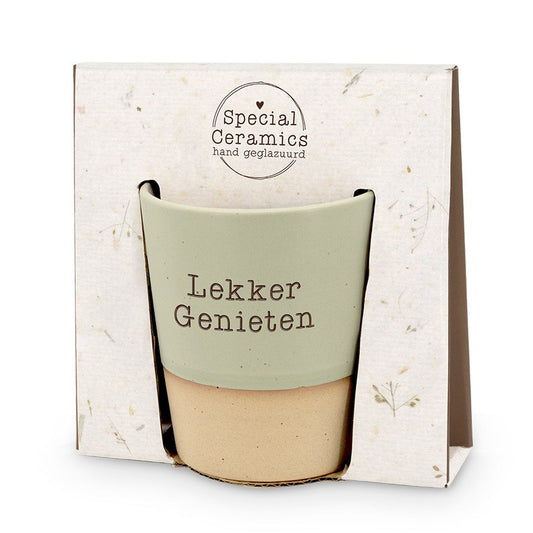 mok met de opdruk lekker genieten