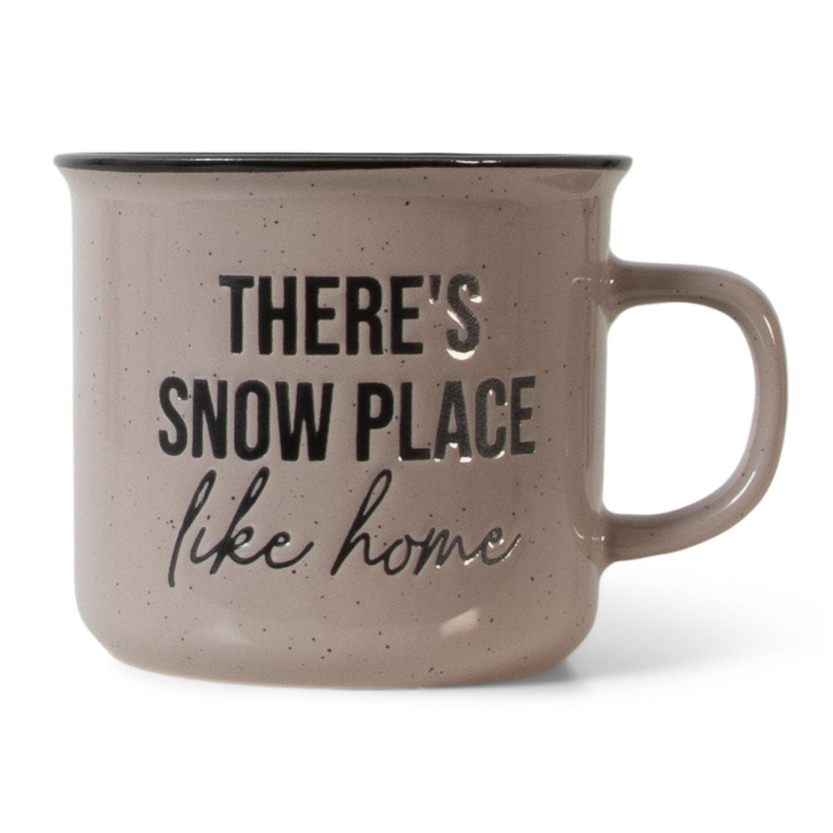 Keramieken retro mok met de tekst “There’s snow place like home”.
