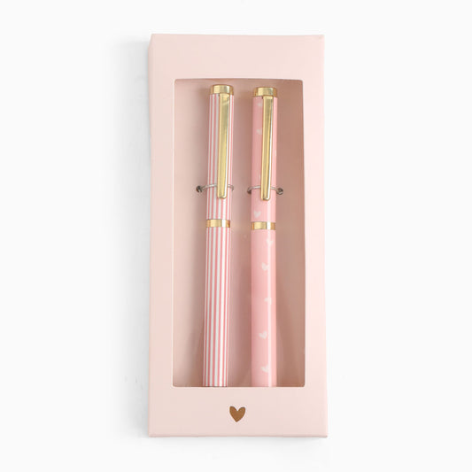 Pennenset Roze Strepen en Hartjes met twee roze pennen in cadeauverpakking