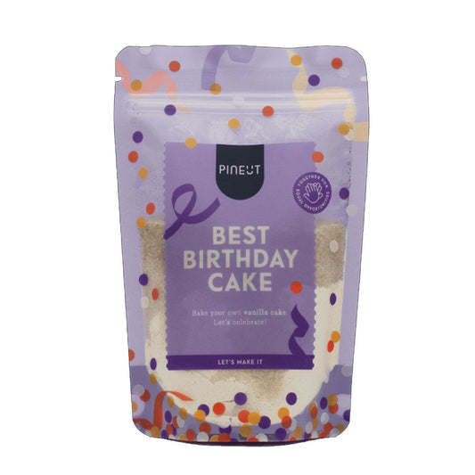Pineut Best Birthday Cake cakemix vanille in kleurrijke pouch met tekst Best Birthday