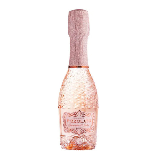 Mini-flesje Pizzolato Violette Spumante rosato van 200 ml, een feestelijke biologische rosé bubbel als cadeautje