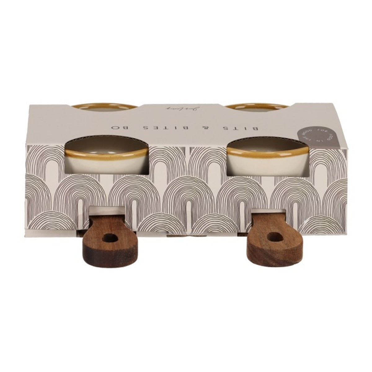 Duo set acaciahouten serveerplankjes met beige schaaltjes in verpakking