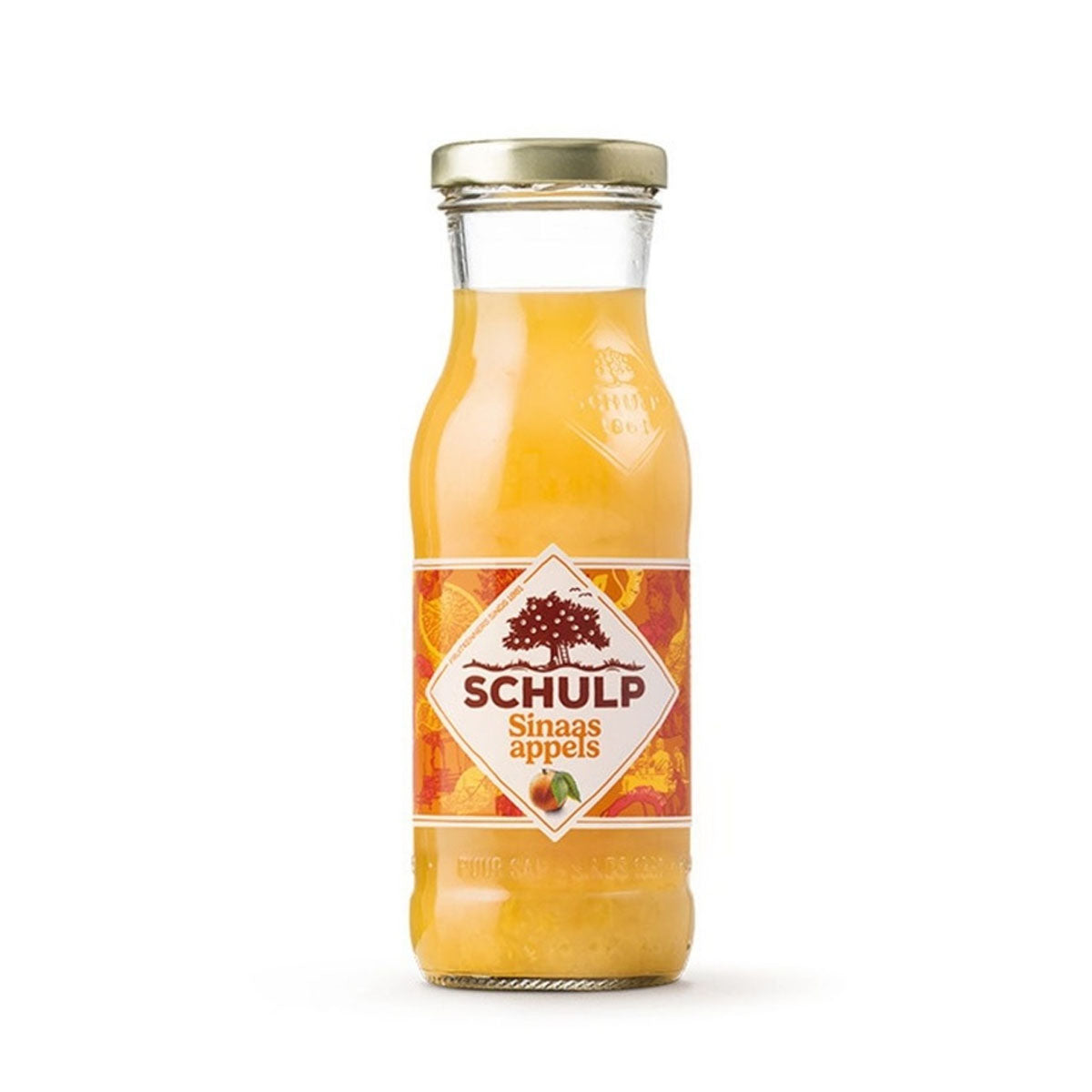 Schulp Sinaasappelsap 200 ml in glazen flesje met gouden dop en oranje etiket met sinaasappels.