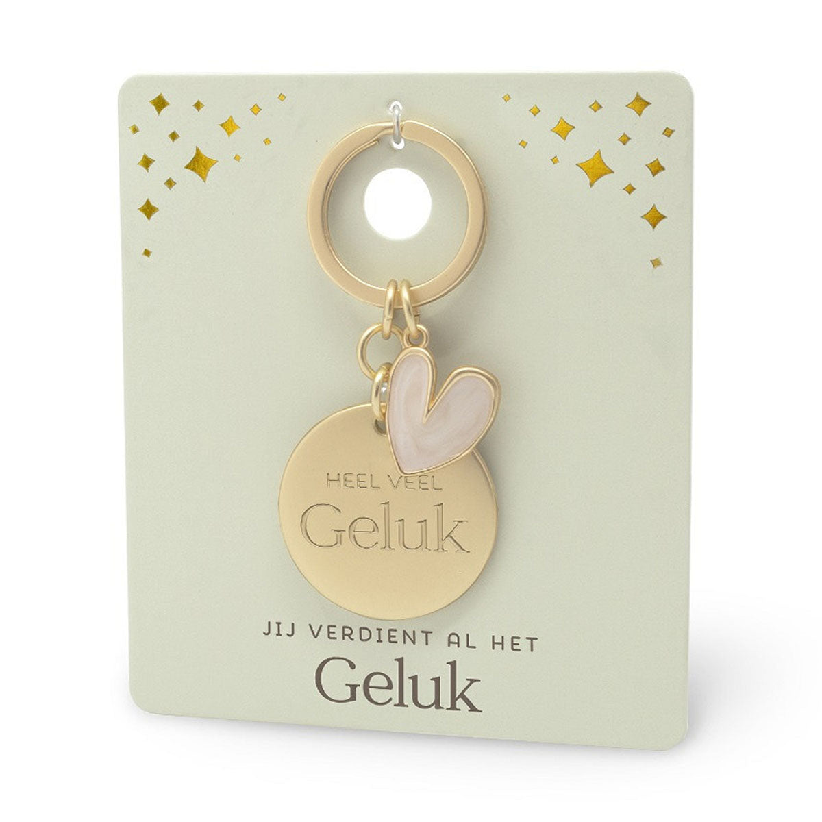 goudkleurige sleutelhanger met epoxy hartje met de tekst heel veel geluk