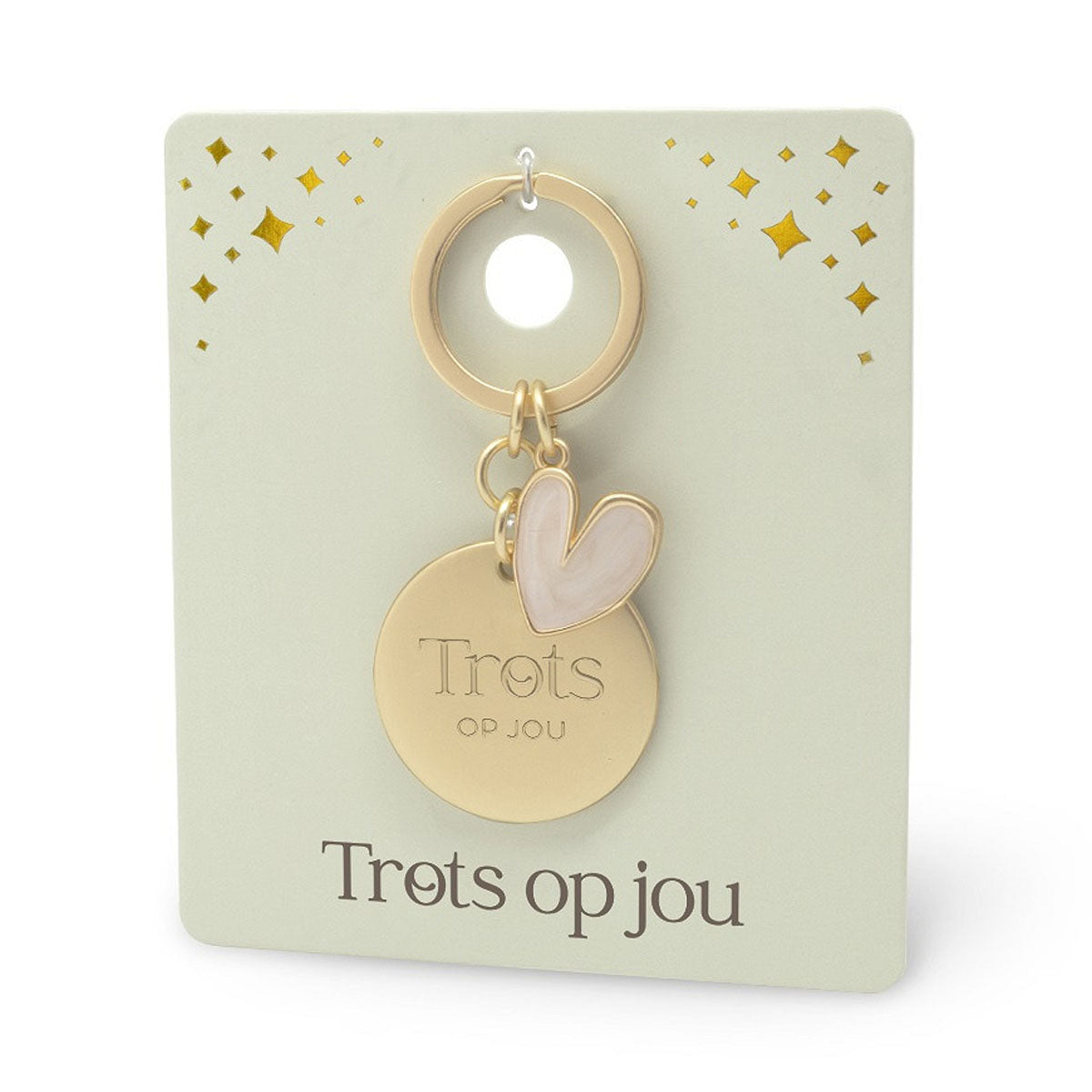 goudkleurige sleutelhanger met daaraan een hartje van epoxy met de tekst 'trots op jou'.