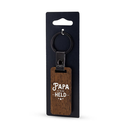 Sleutelhanger van walnoothout en PU-kunstleer met tekst Papa is mijn held