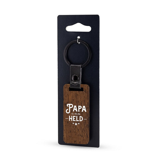 Sleutelhanger van walnoothout en PU-kunstleer met tekst Papa is mijn held