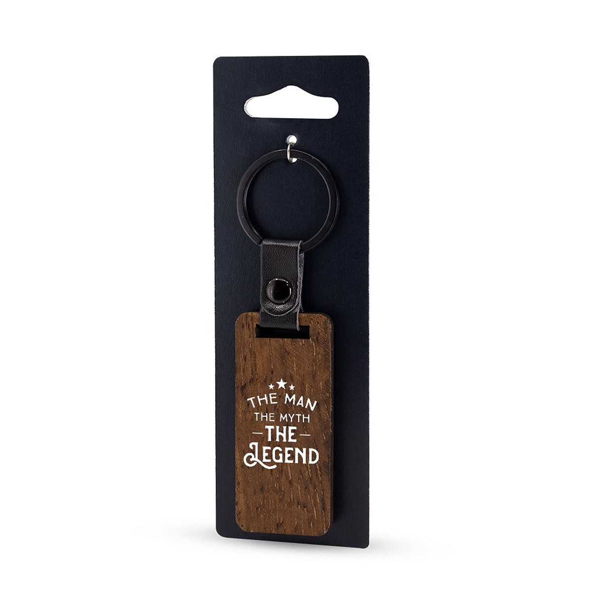 Stoere sleutelhanger van walnoothout en PU-kunstleer met tekst The man the myth the legend
