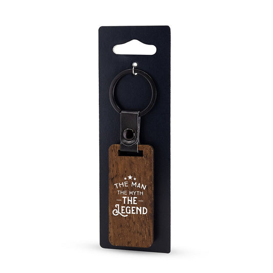 Stoere sleutelhanger van walnoothout en PU-kunstleer met tekst The man the myth the legend