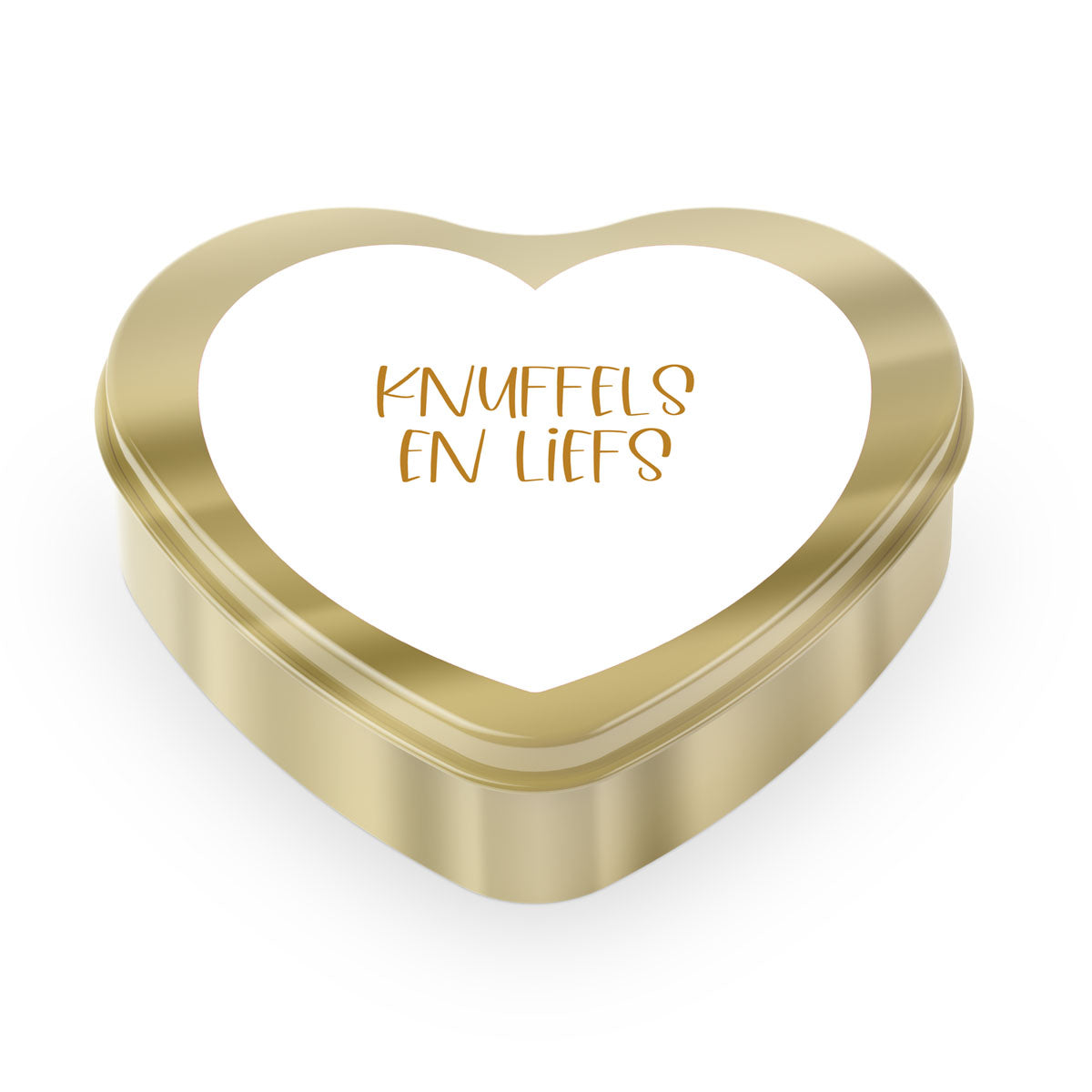 snoep in gouden blik met daarop de tekst knuffel en liefs