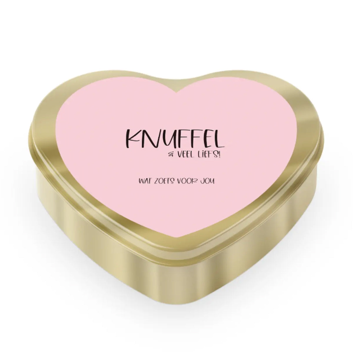 snoep in gouden blik met daarop de tekst knuffel en veel liefs