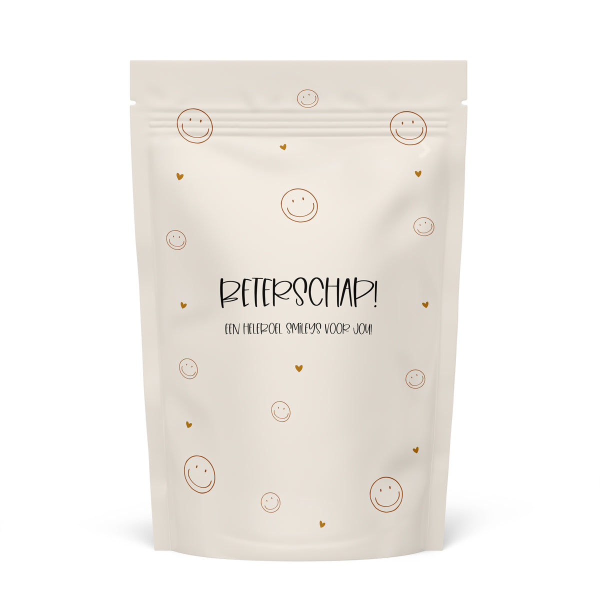 snoepzak met de tekst Beterschap en op de zak staan smileys en hartjes