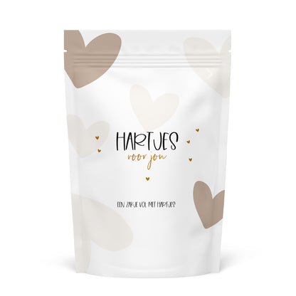 snoepzak met daarop de tekst hartjes voor jou