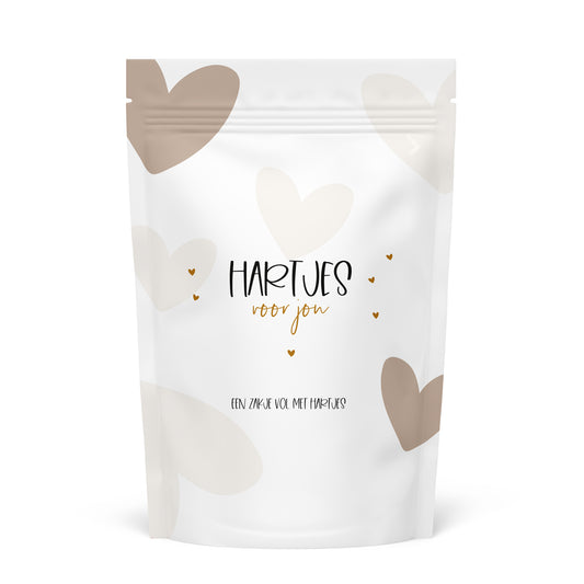 snoepzak met daarop de tekst hartjes voor jou