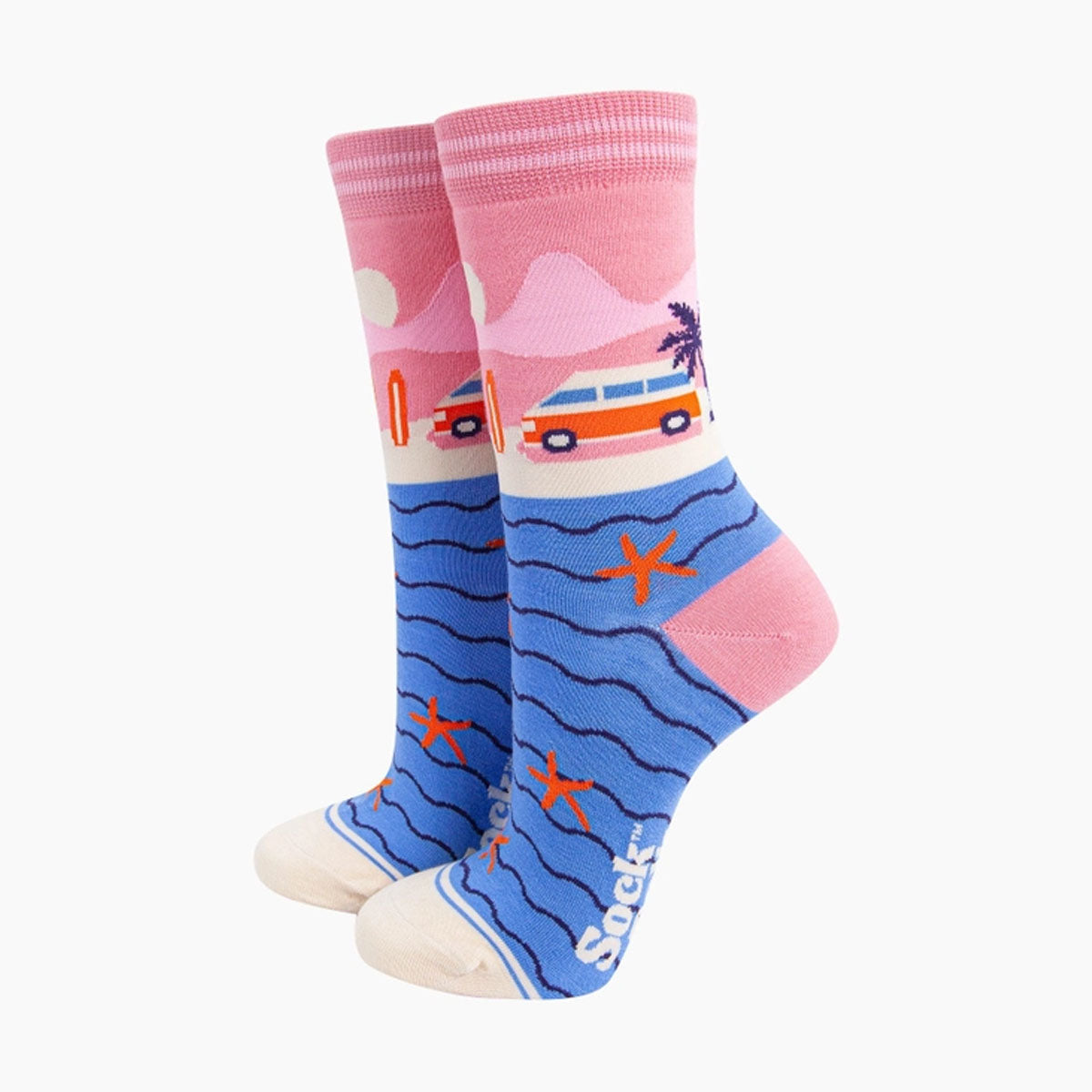Sokken Beach Vibes maat 36-40 met strandprint, surfbusje, zee en zeesterren