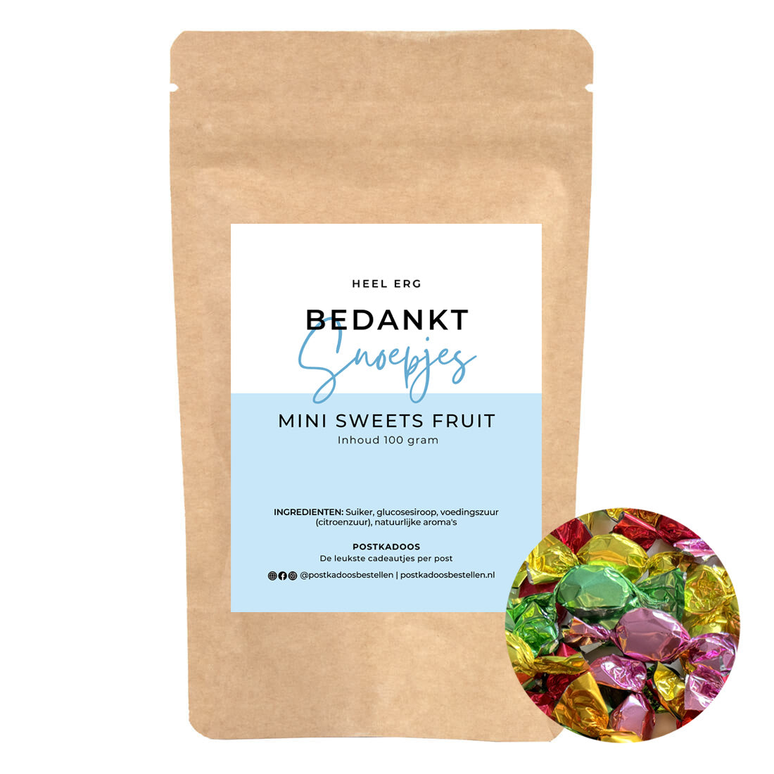 Zak met gekleurde snoepjes met daarop de tekst Heel erg bedankt.