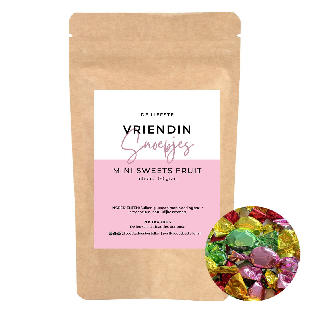 Zak snoep met gekleurde zuurtjes met als opdruk de liefste vriendin-snoepjes.