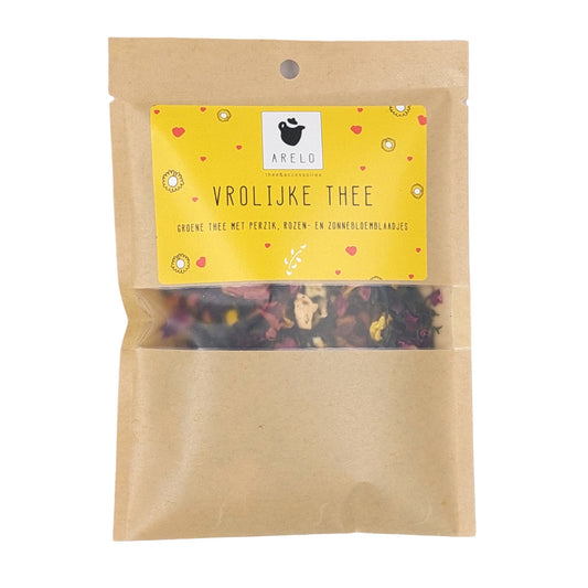 losse thee in zakje van Arelo. Op het zakje staat de tekst Vrolijke thee.