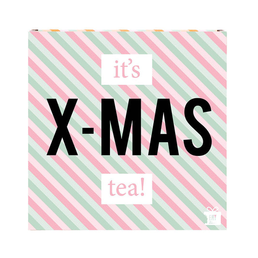 Gekleurd doosje met de tekst It’s X-Mas Tea met losse thee en theezakjes als kerstcadeautje