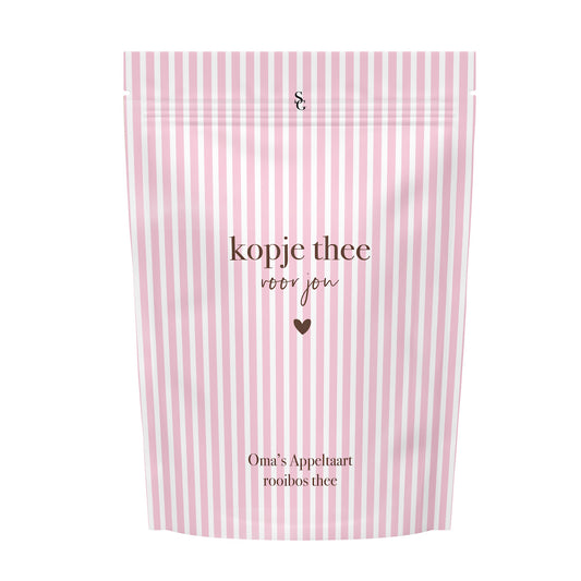 Roze wit gestreept zakje Kopje thee voor jou met rooibos appeltaart thee