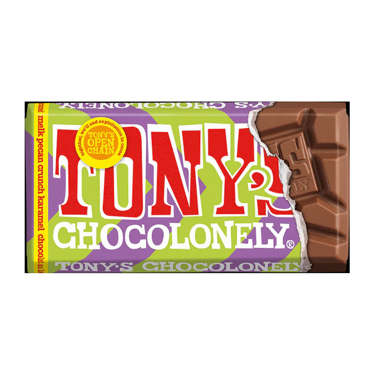 Tony Chocolonely Melk Karamel Pecan Crunch chocoladereep 90 gram