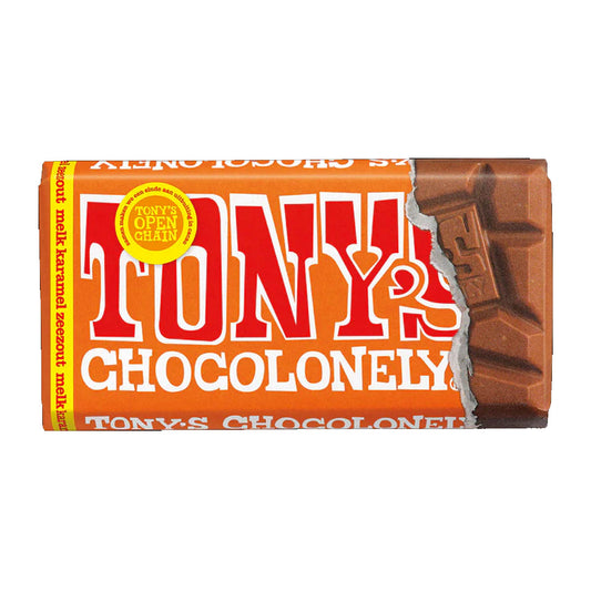 tony chocolonely 90 gram reep in de smaak melk karamel zeezout