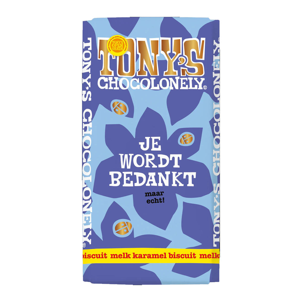 tony chocolonely reep chocolade met de tekst je wordt bedankt