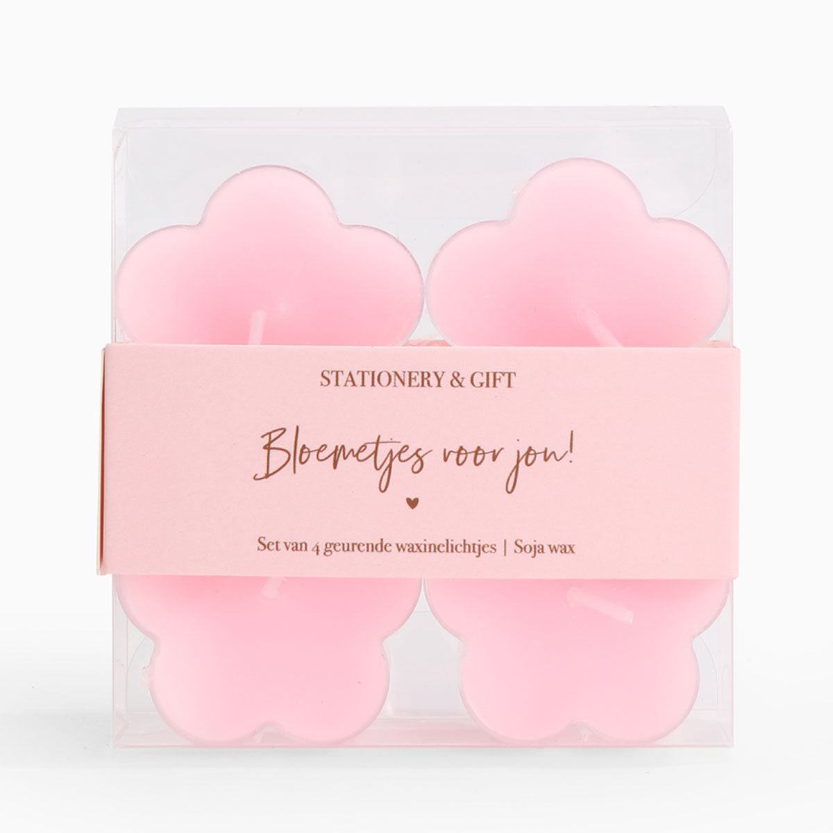 Roze waxinelichtjes in bloemvorm set van 4 met verpakking een bloemetje voor jou