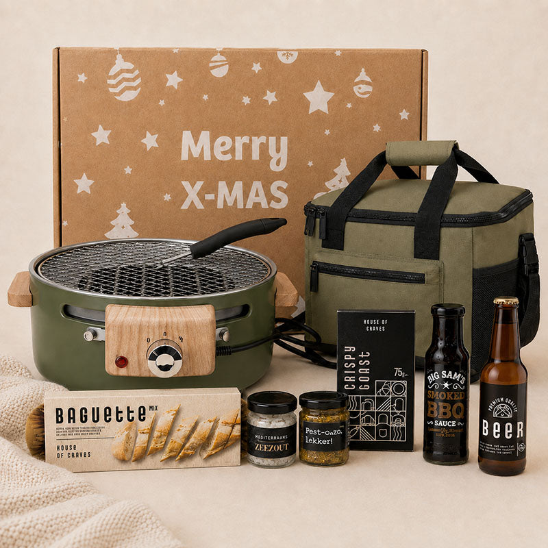 Zakelijk Kerstpakket BBQ & Bier met hybride BBQ, koeltas, bier en snacks