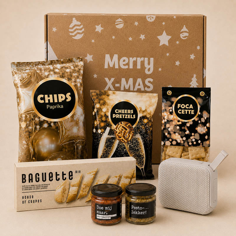 Kerstpakket Beats & Borrel met speaker, borrelsnacks, pesto en tapenade