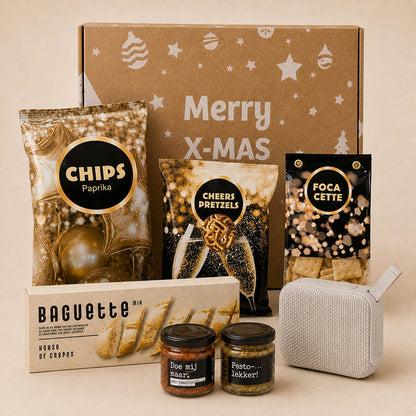 Kerstpakket Beats & Borrel met speaker, borrelsnacks, pesto en tapenade