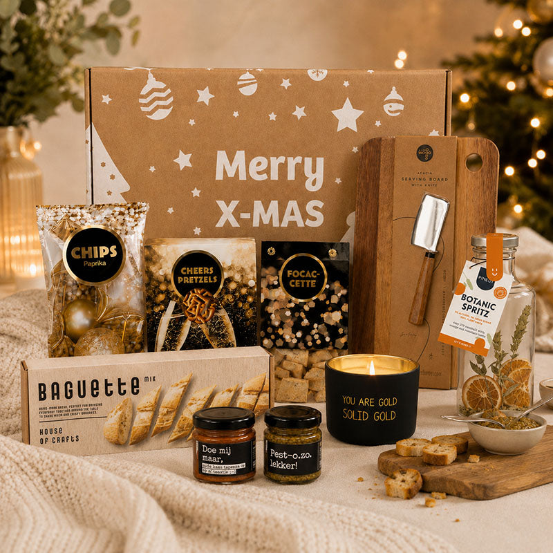 zakelijk kerstpakket borrel en geniet met serveerplank, borrelhapjes en een geurkaars