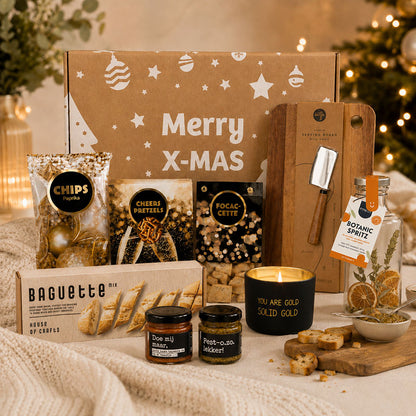 zakelijk kerstpakket borrel en geniet met serveerplank, borrelhapjes en een geurkaars